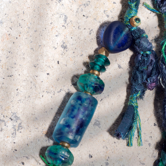 Blue-Green Glass Bead Woven Bag Charm – Handwoven Silk Cord Talisman